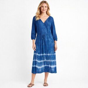 2/$30 Michael Stars Tie Dye Drawstring Blouson Midi Sheath Dress M Blue #A1804